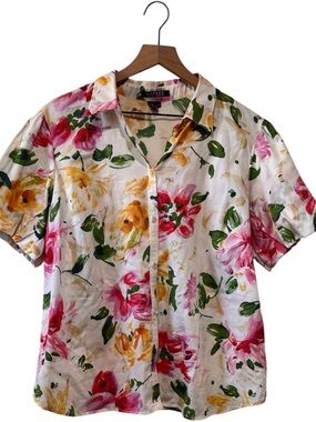 Lauren Ralph Lauren White Floral Short-Sleeve Button-Down Shirt Ruffle Sleeve.